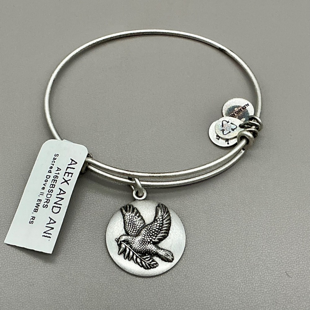 Alex And Ani Sacred Dove Charm Bangle Bracelet Womens Silver Tone Finish 7 Inch